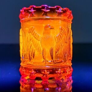 Glowing Kanawha Cadmium Amberina Glass American Eagle & Stars Toothpick Holder